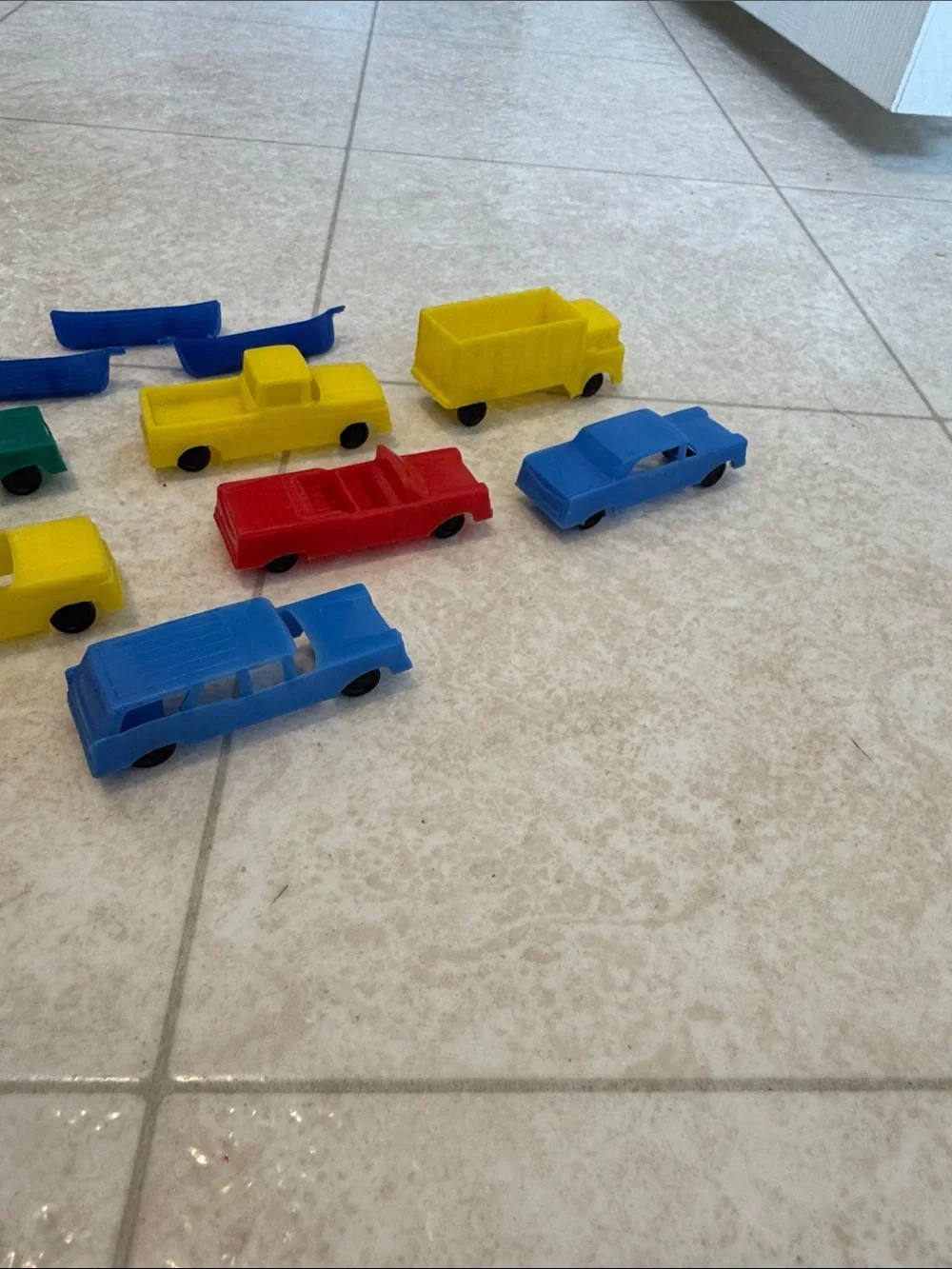 Vintage Retro Plastic Toy Vehicles Set - Yellow, Blue, Red, Green